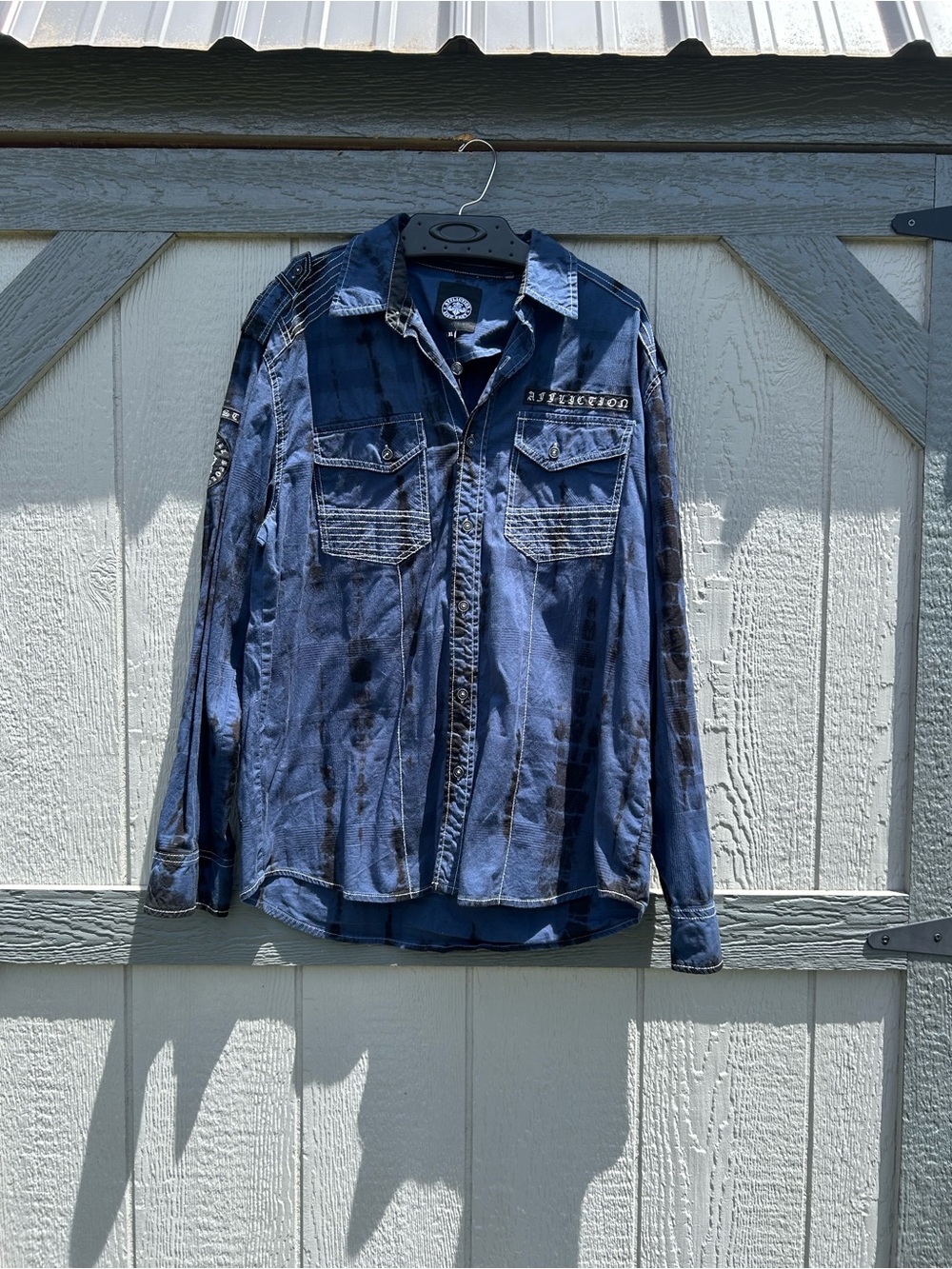 Affliction Men’s XL Distressed Tie-Dye Button Up Shirt Edgy Graphic Streetwear
